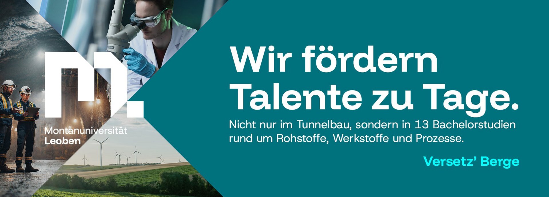 Fotocollage Studierende im Labor Bergbau und Windräder zu 13 Bachelorstudien der Montanuniversität.