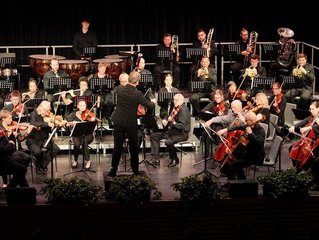 Das Universitätsorchester bei einem Auftritt. Foto: © Tobias Moser Das Universitätsorchester bei einem Konzert auf der Bühne.