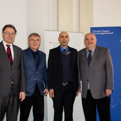 Bei der heutigen CD-Labor Eröffnung von links: Rektor Wilfried Eichlseder, Lehrstuhlleiter Univ.-Prof. Dr. Andreas Ludwig, CD-Labor-Leiter Priv.-Doz. Dr. Abdellah Kharicha, Univ.-Prof. Dr. Bruno Buchmayr (Christian Doppler Gesellschaft)