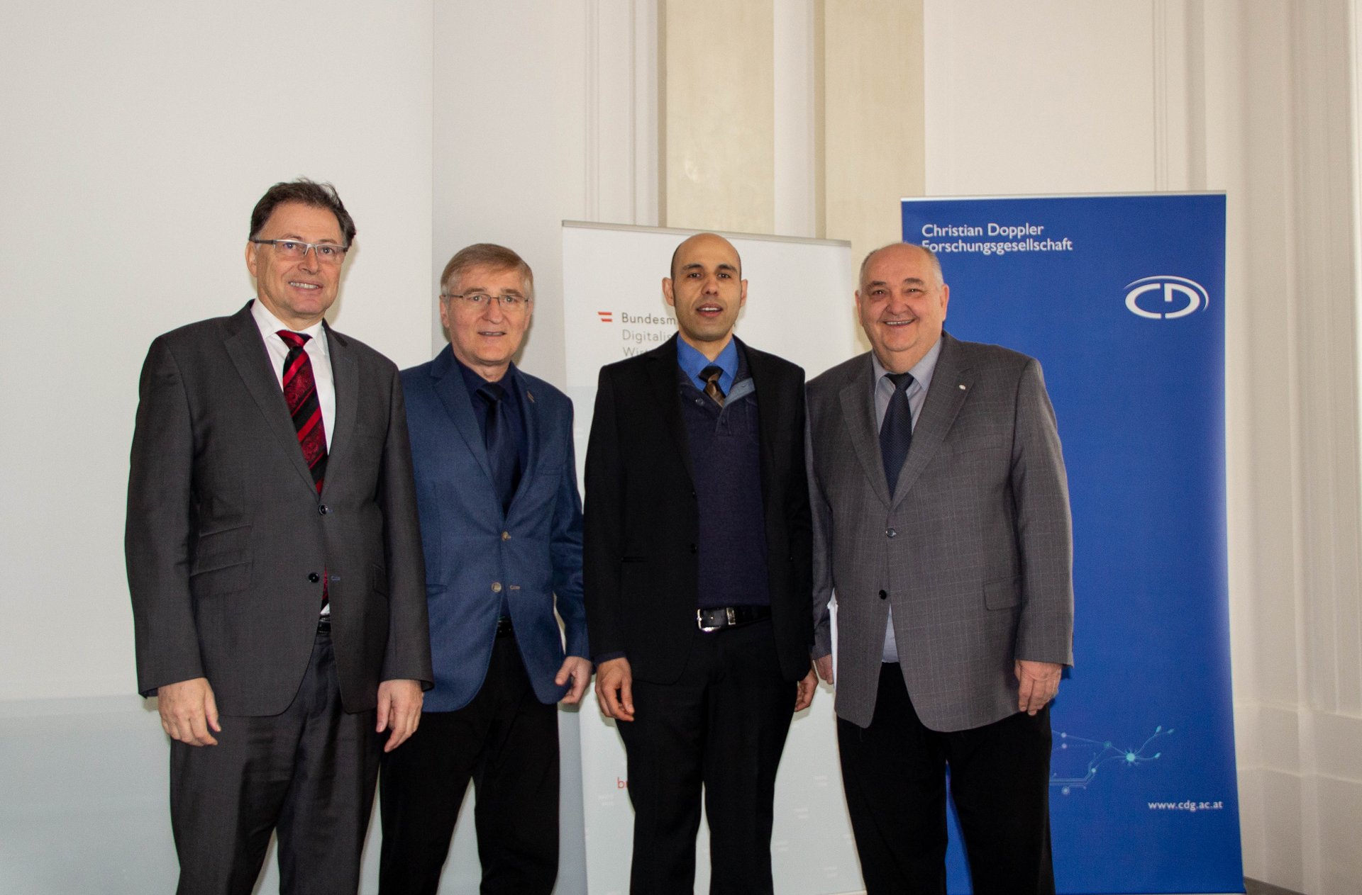 Bei der heutigen CD-Labor Eröffnung von links: Rektor Wilfried Eichlseder, Lehrstuhlleiter Univ.-Prof. Dr. Andreas Ludwig, CD-Labor-Leiter Priv.-Doz. Dr. Abdellah Kharicha, Univ.-Prof. Dr. Bruno Buchmayr (Christian Doppler Gesellschaft)