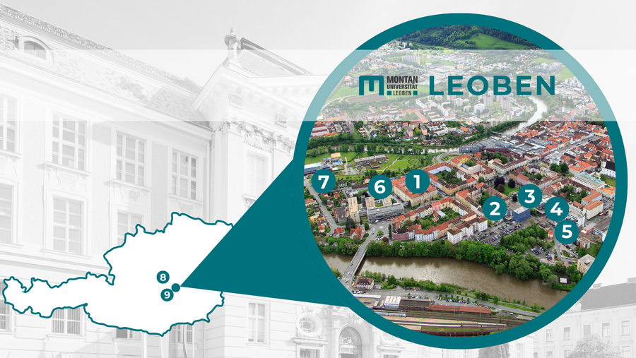 Map of Leoben and the surrounding area with Montanuniversität Leoben main building, ZAT, Centre for Applied Technology, RIC, Resources Innovation Center, MCL, Materials Center Leoben, PCCL, Polymer Competence Center Leoben, ÖGI, Austrian Foundry Institute, Erich Schmidt Institute, Austrian Academy of Science, ZAB, Zentrum am Berg, DWRL, Digital Waste Research Lab.