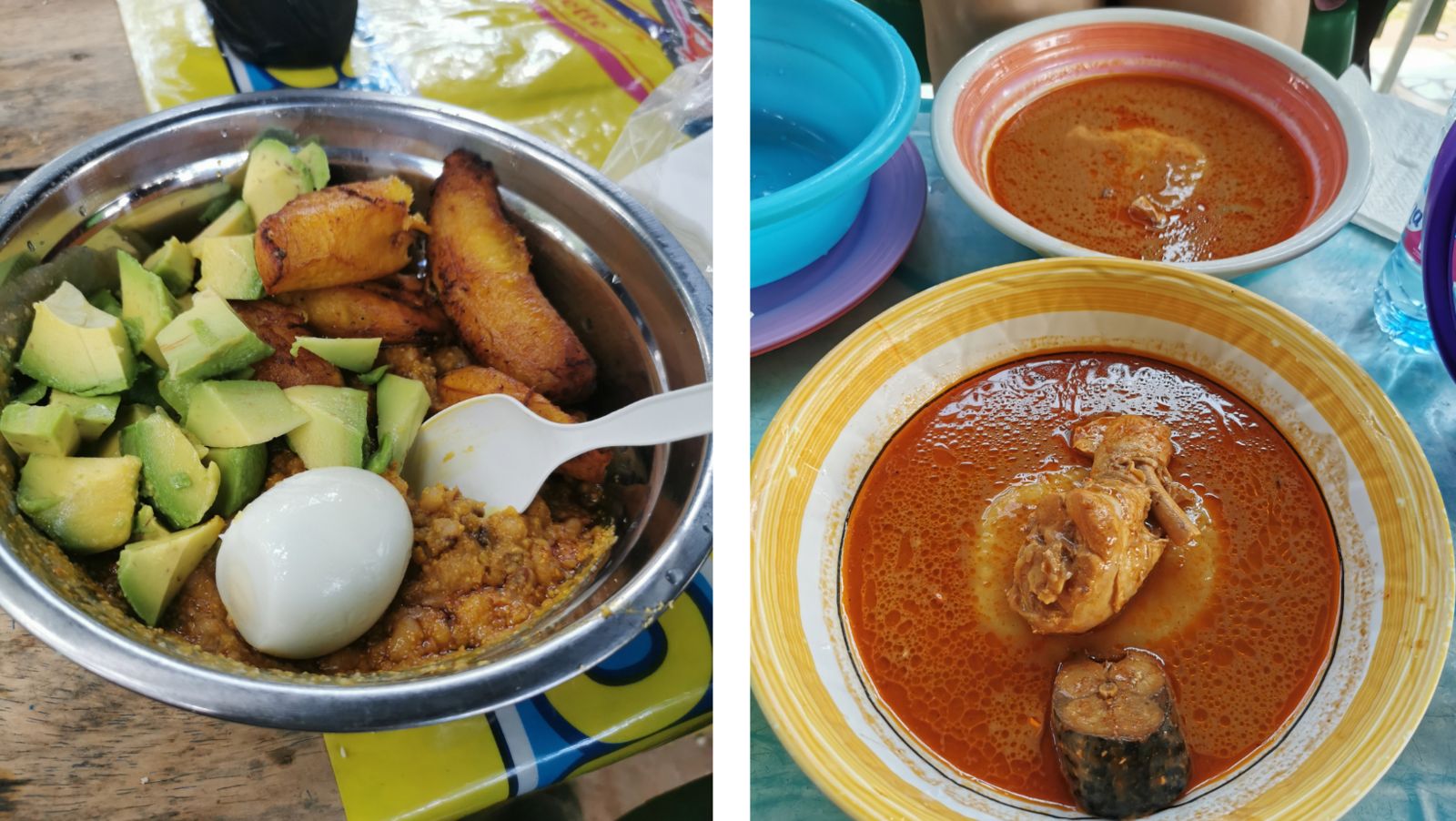 „You got Fufu!?!? Why would you do that!?!?" Das war die Reaktion meines Arbeitskollegen, als ich Fufu (rechts im Bild) gegessen habe. Fufu ist eigentlich ganz gut, vielleicht nur ein bisschen spicy für Obronis ;-) Essen