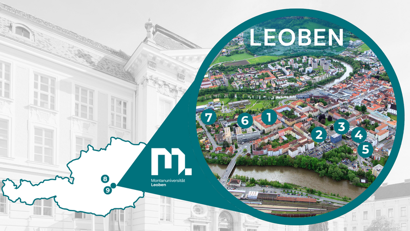 Abgebildet ist der Ausschnitt der Stadt Leoben, der Forschungsgebäude beinhaltet. Diese sind auf der Karte gekennzeichnet und nummeriert.
