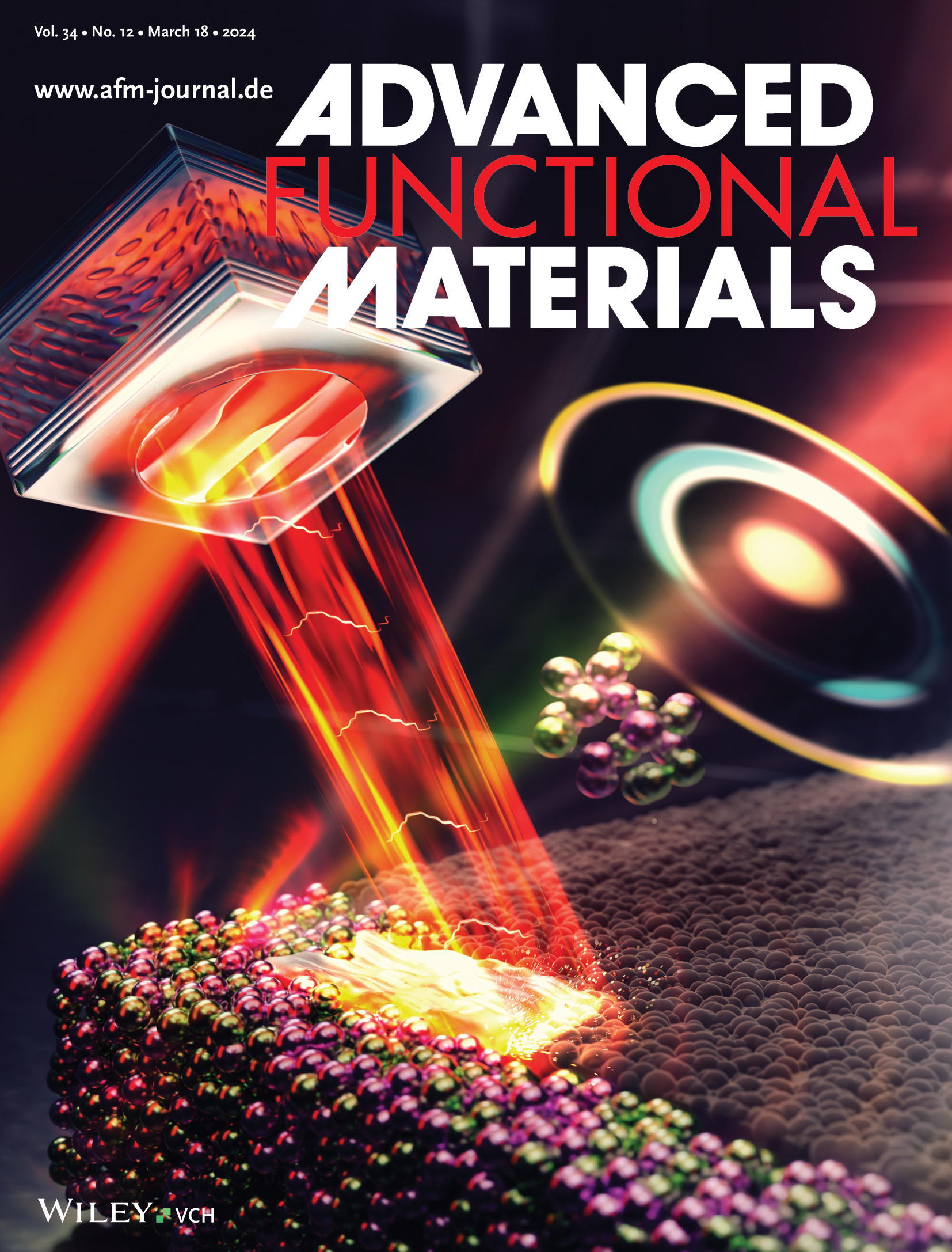 Ein starker Laserstrahl in gelb und rot, der Metall formt am Cover der Fachzeitschrift "Advanced Functional Materials".